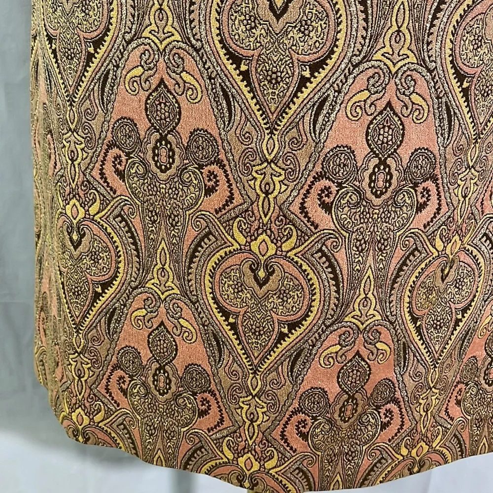 Talbots Pink Yellow & Metallic Gold Jacquard Print Silk Blend Pencil Skirt